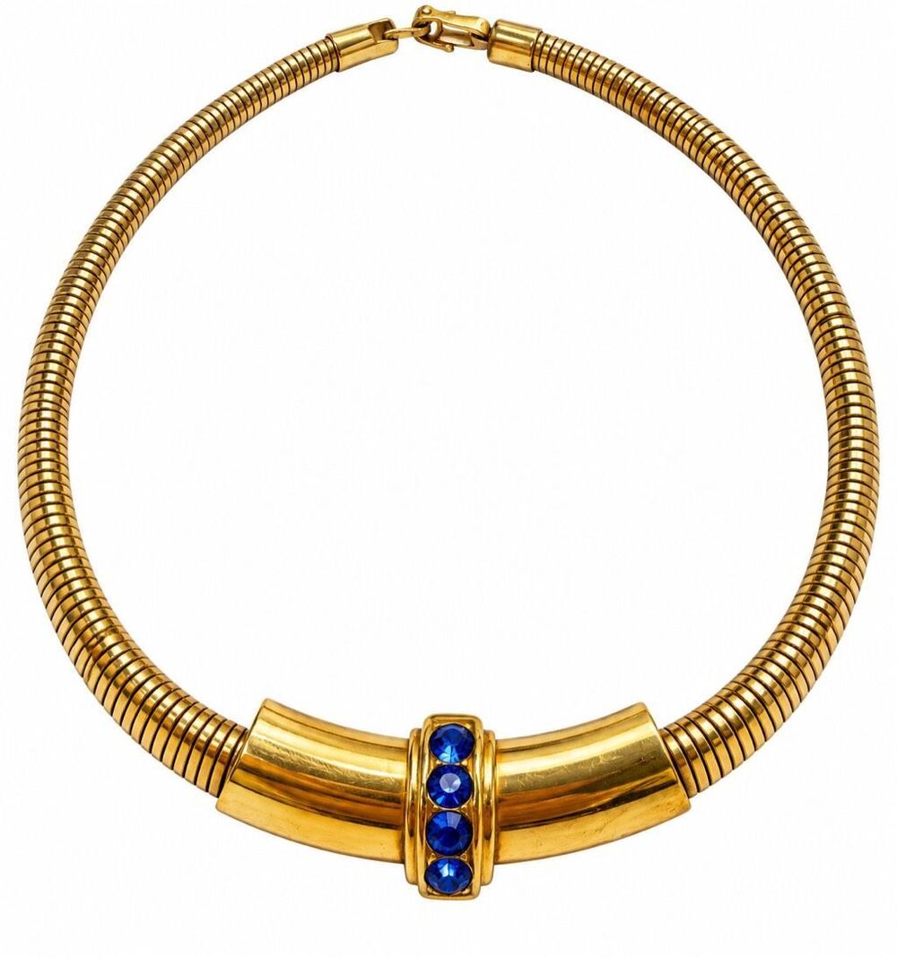 Signed Coro Vintage Blue Rhinestone Gold Tone Omega Choker Necklace